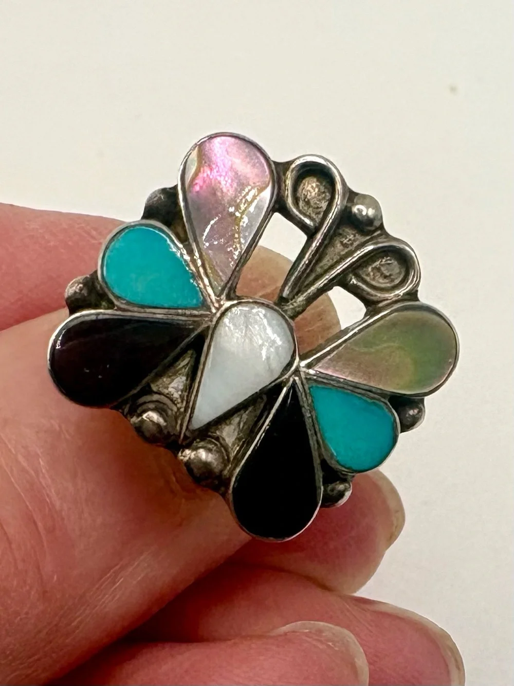 Vintage Sterling Silver Turquoise MOP Onyx Butterfly Ring Size 8